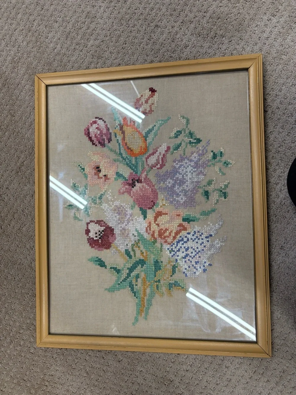 Vintage Hand Crafted Gold Frame Floral Needlepoint Tulips and Lilac - Picture 4 of 11